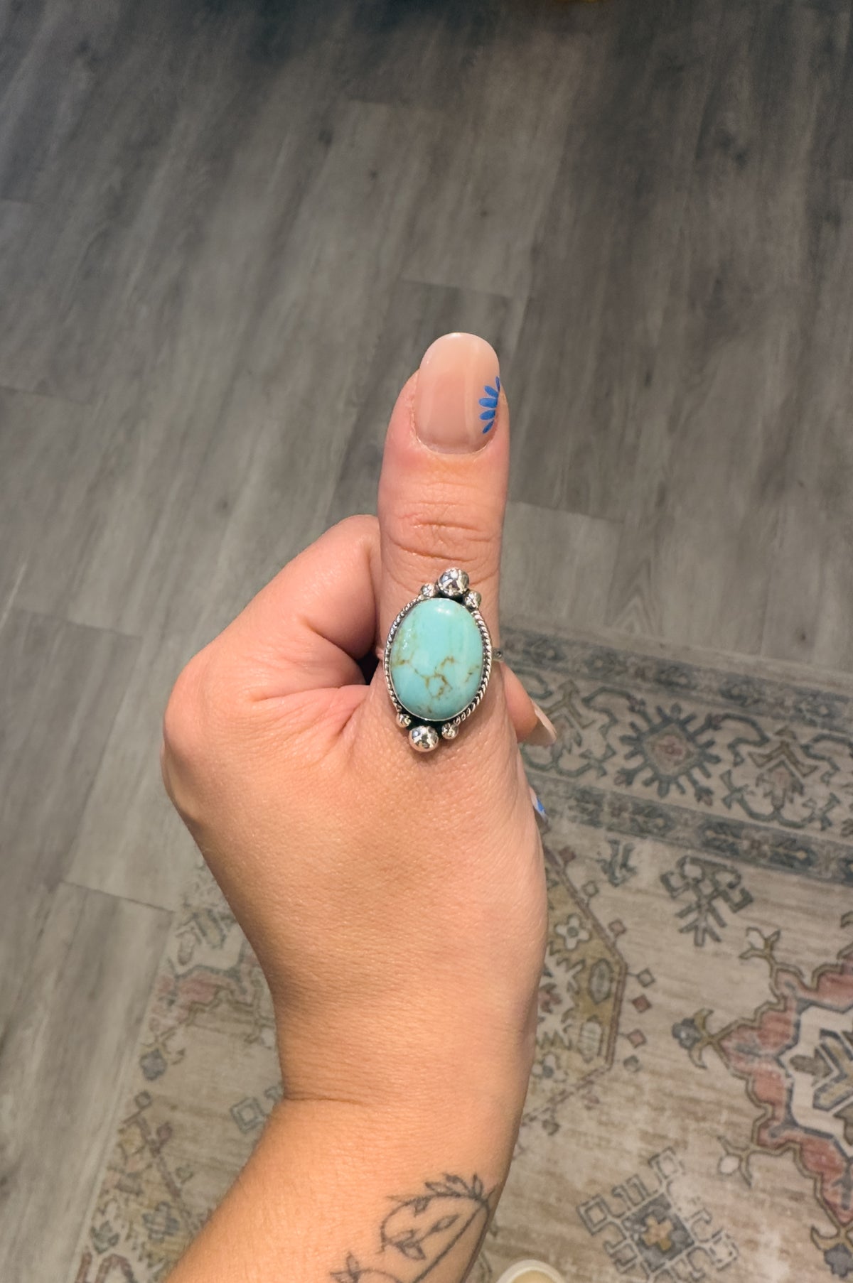Sterling Silver Turquoise Oval Ball Adjustable Ring