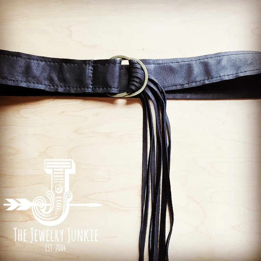 Black Leather Belt with Leather Fringe Closure
