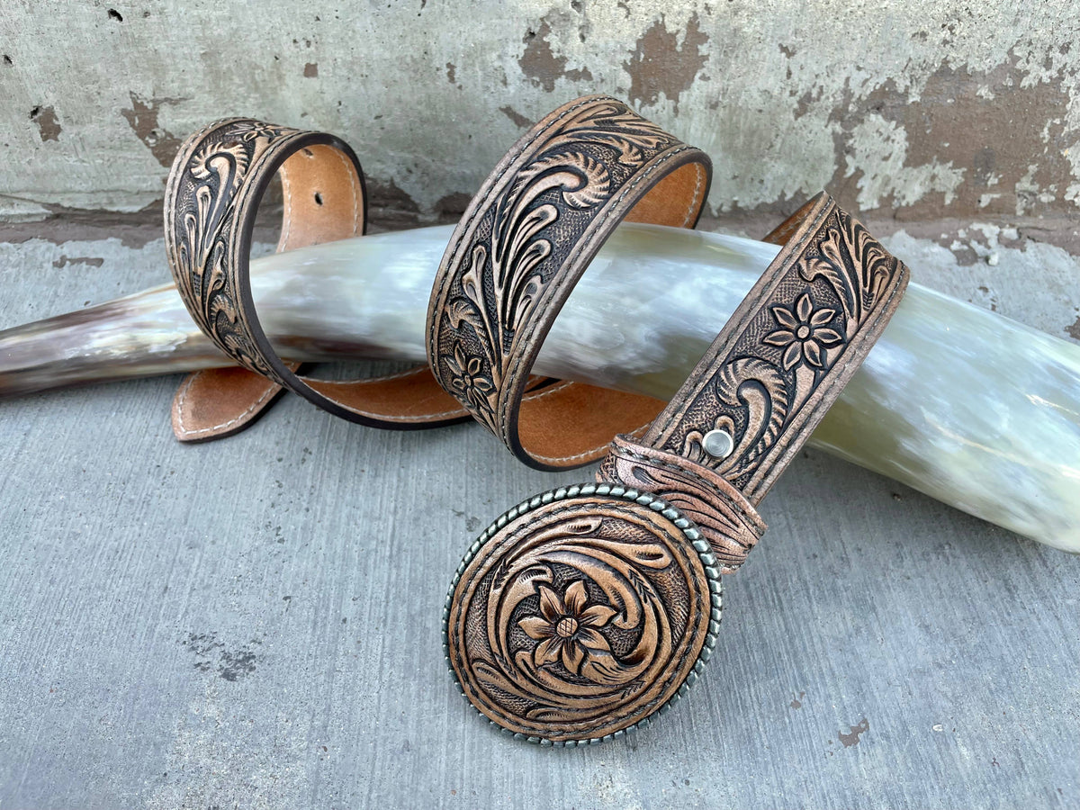 Tooled Leather Western Belt