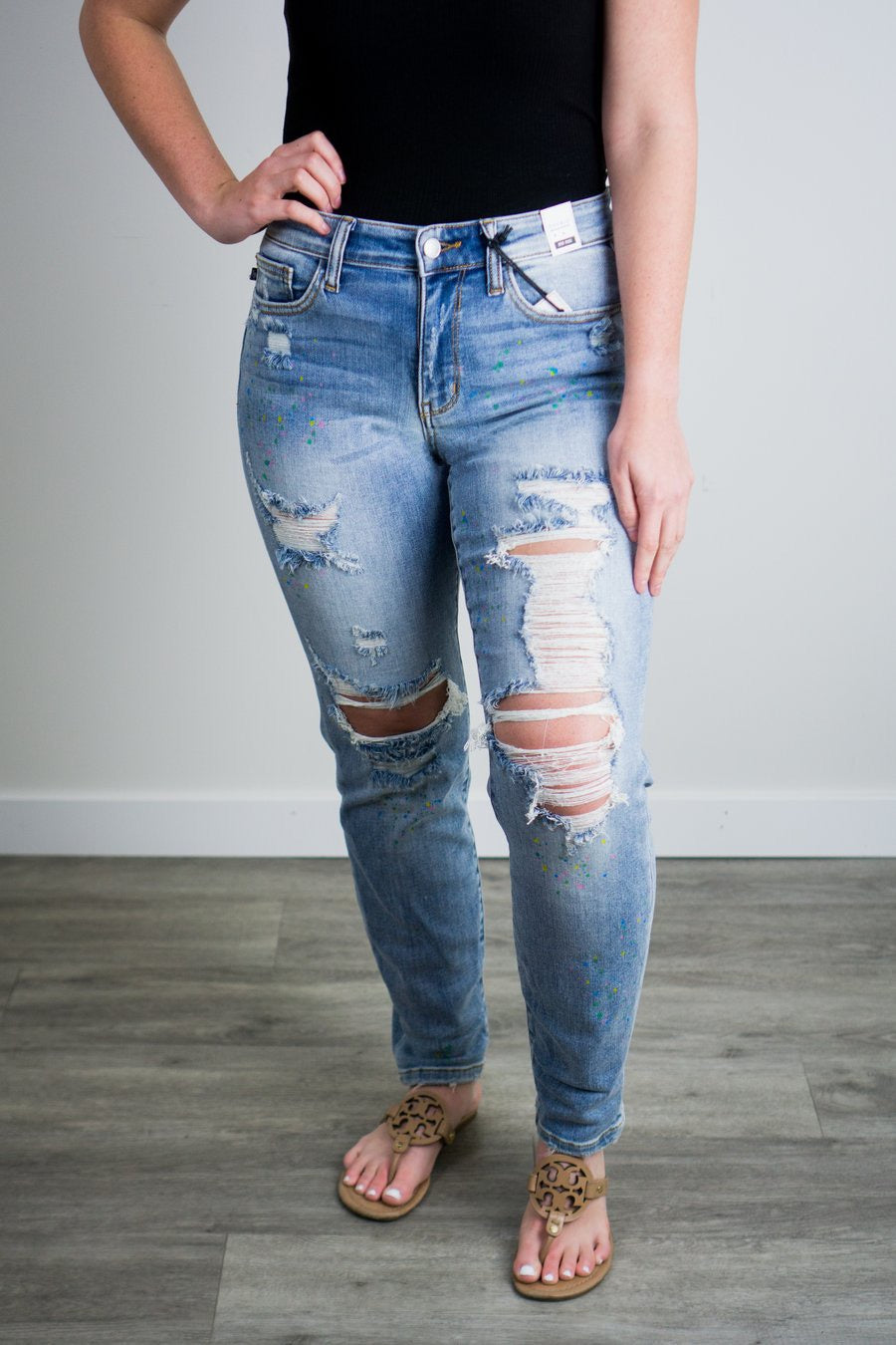 Judy Blue Mid-Rise Boyfriend Multi Color Paint Splash Destroyed