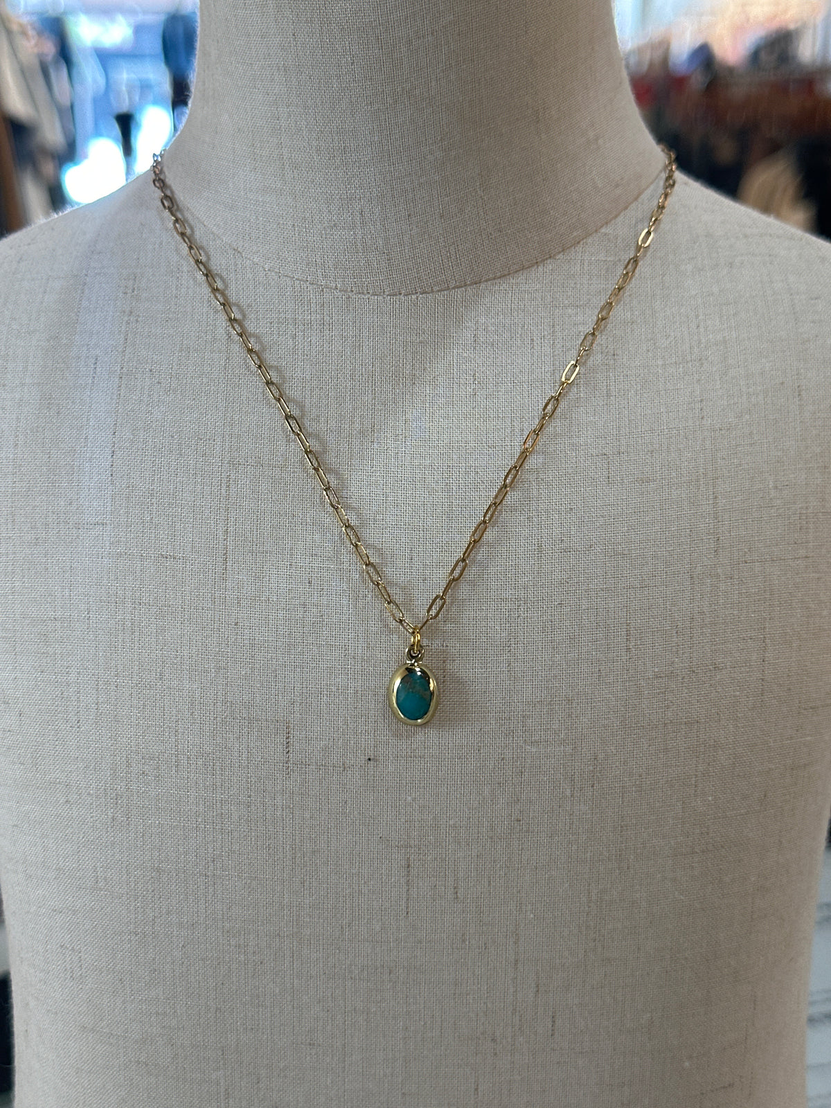 Brass Turquoise Oval Dainty Paperclip Necklace