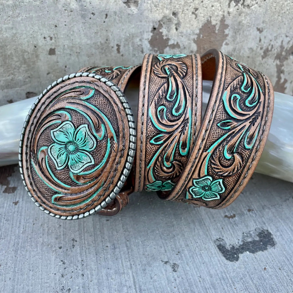 Tooled Leather Belt with Buckle