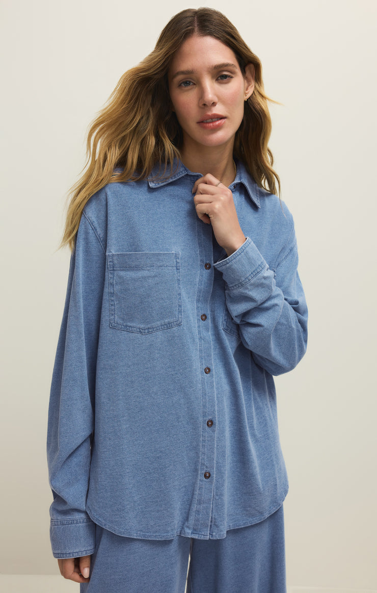 Z Supply REESE JERSEY DENIM BUTTON UP