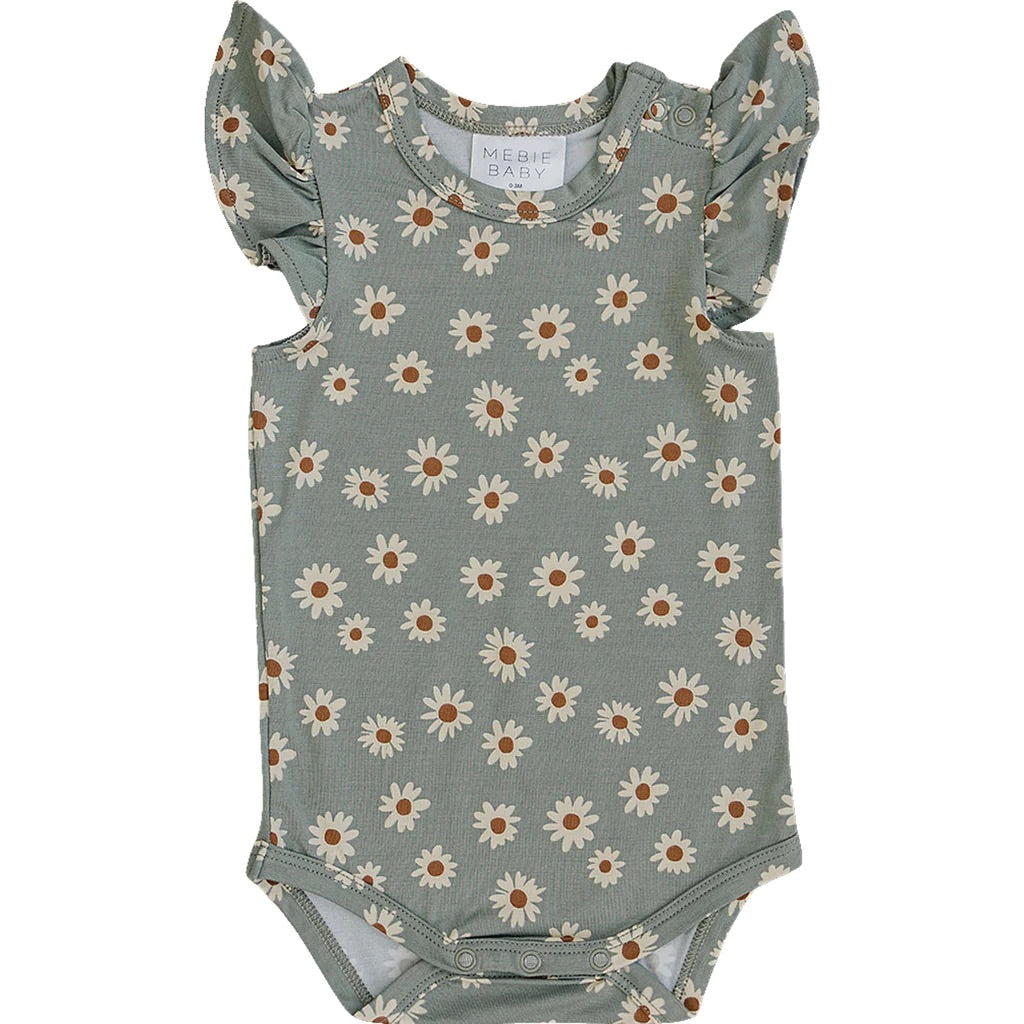 Mebie Baby Light Green Daisy Ruffle Sleeve Bamboo Bodysuit