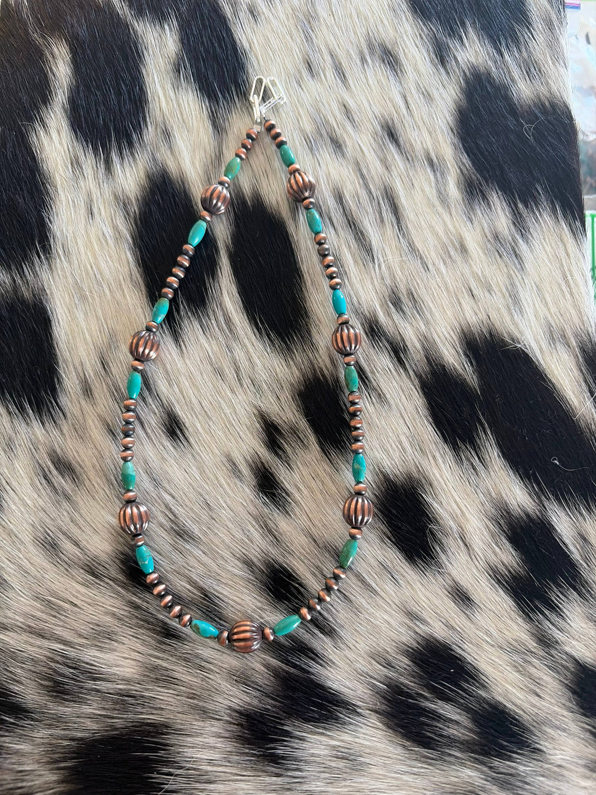 Turquoise & 10mm Fluted Copper Pearl Necklace