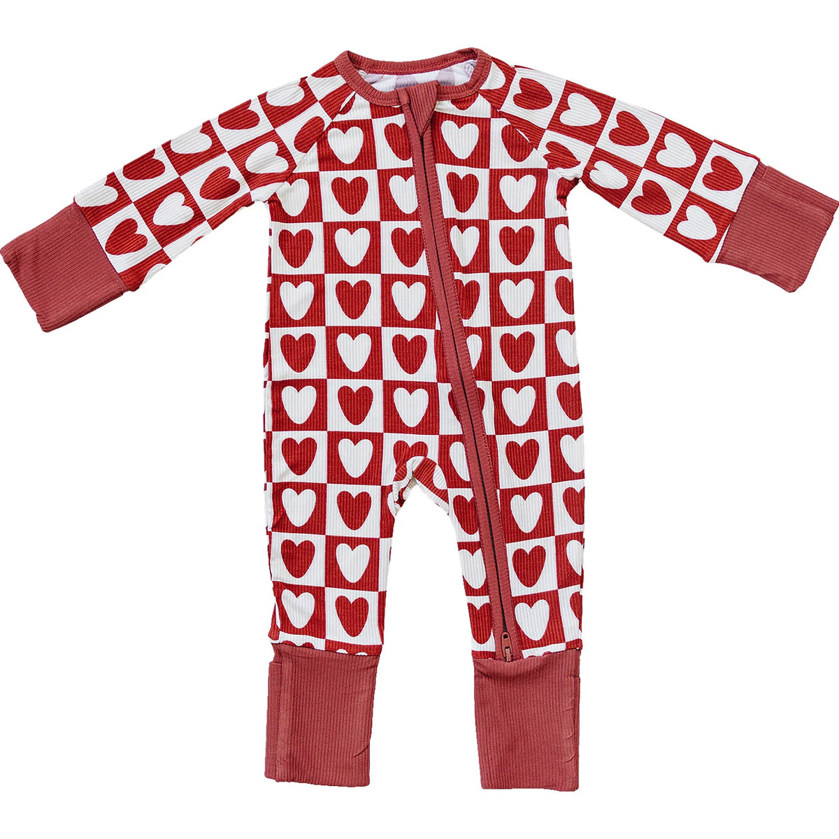 Mebie Baby Checkered Hearts Ribbed Bamboo Zipper