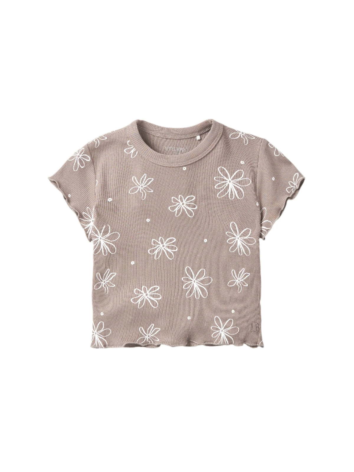 Little Bipsy Floral Ribbed Lettuce Trim Tee - Mushroom
