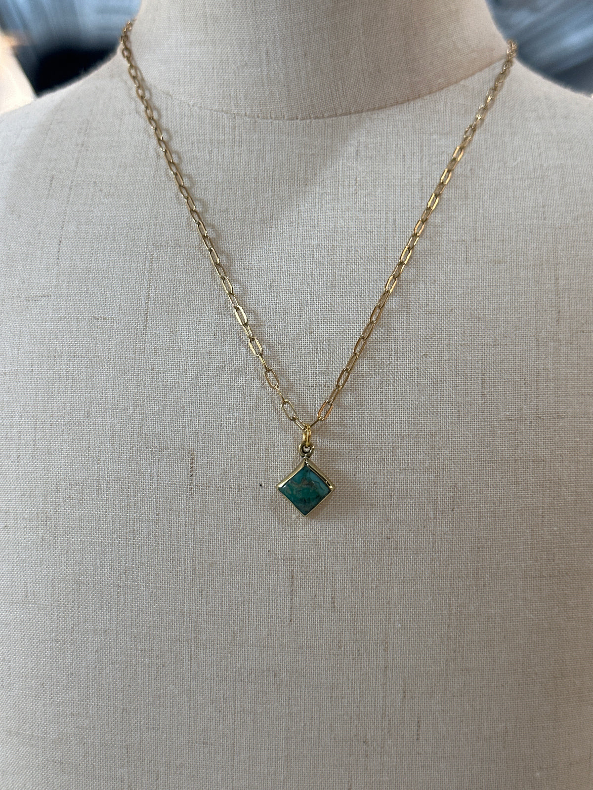 Brass Turquoise Diamond Paperclip Necklace
