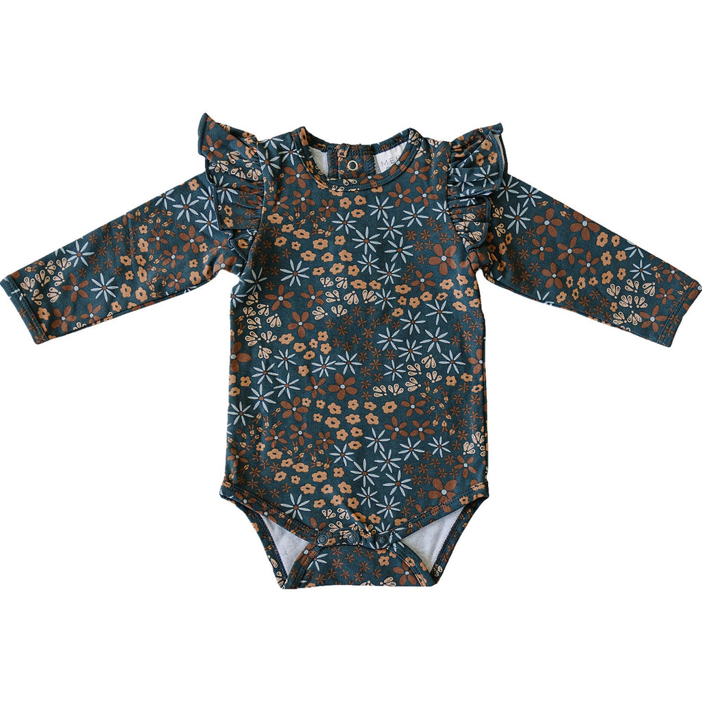 Mebie Baby Navy Floral Ruffle Sleeve Bodysuit
