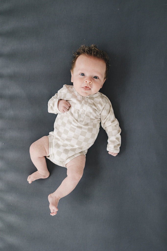 Mebie Baby Taupe Checkered Snap Long Sleeve Bodysuit
