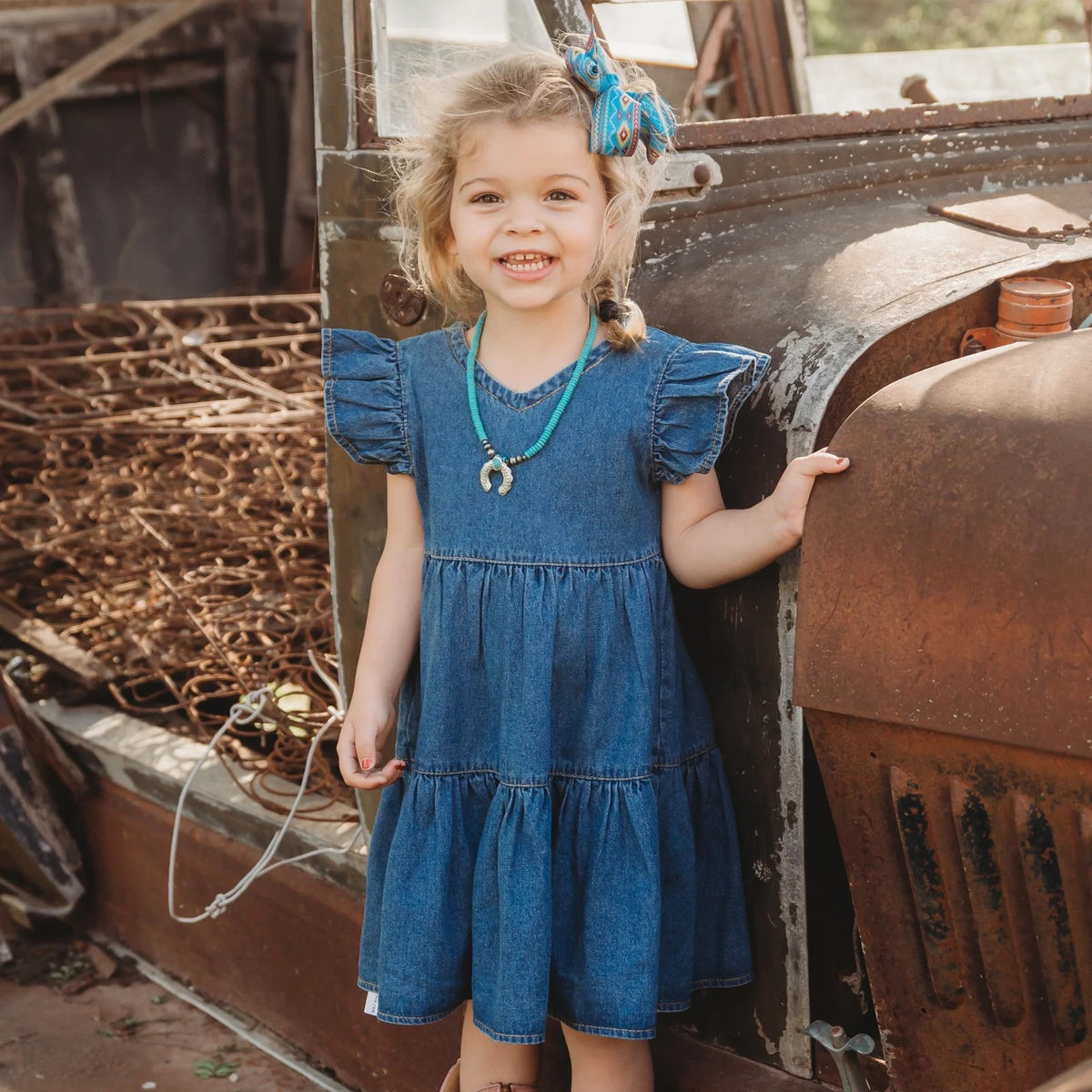 Denim Short Sleeve Ruffle Dress