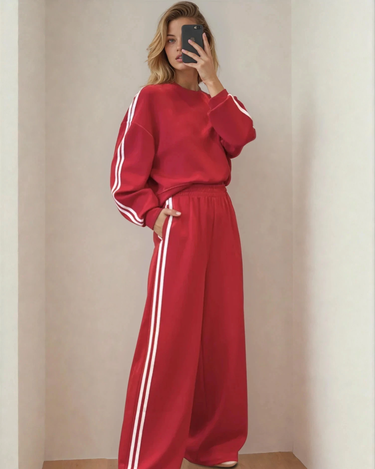 Varsity Pullover Wide Leg Pants 2pcs Outfit - Red
