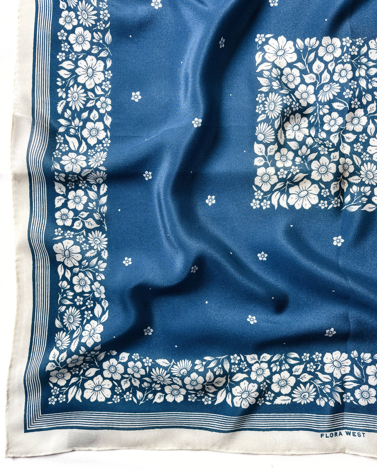 100% Silk Bandana Scarf - Santorini Floral China Blue