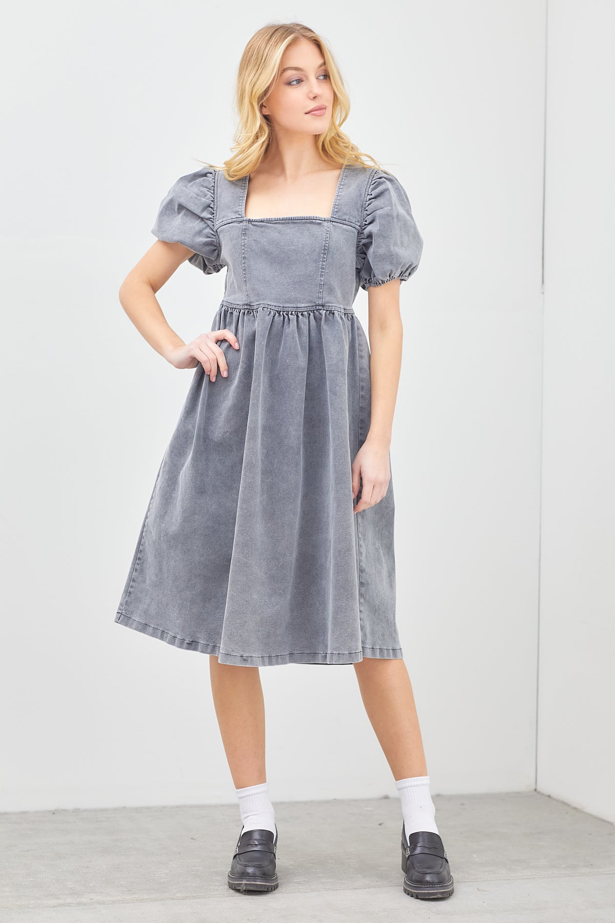 Square Neck Denim Midi Dress- Charcoal