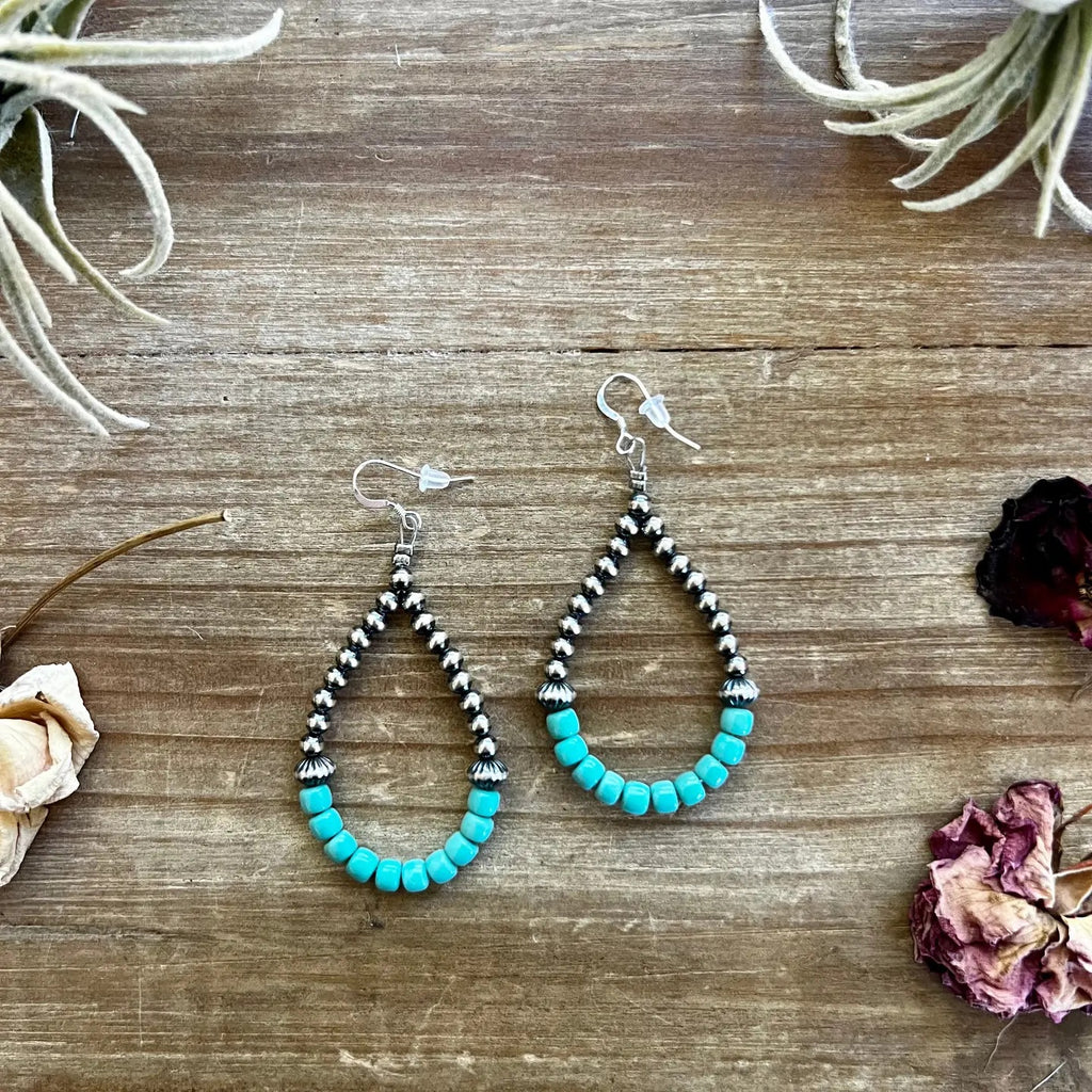 American Turquoise Teardrop Earrings with Navajo