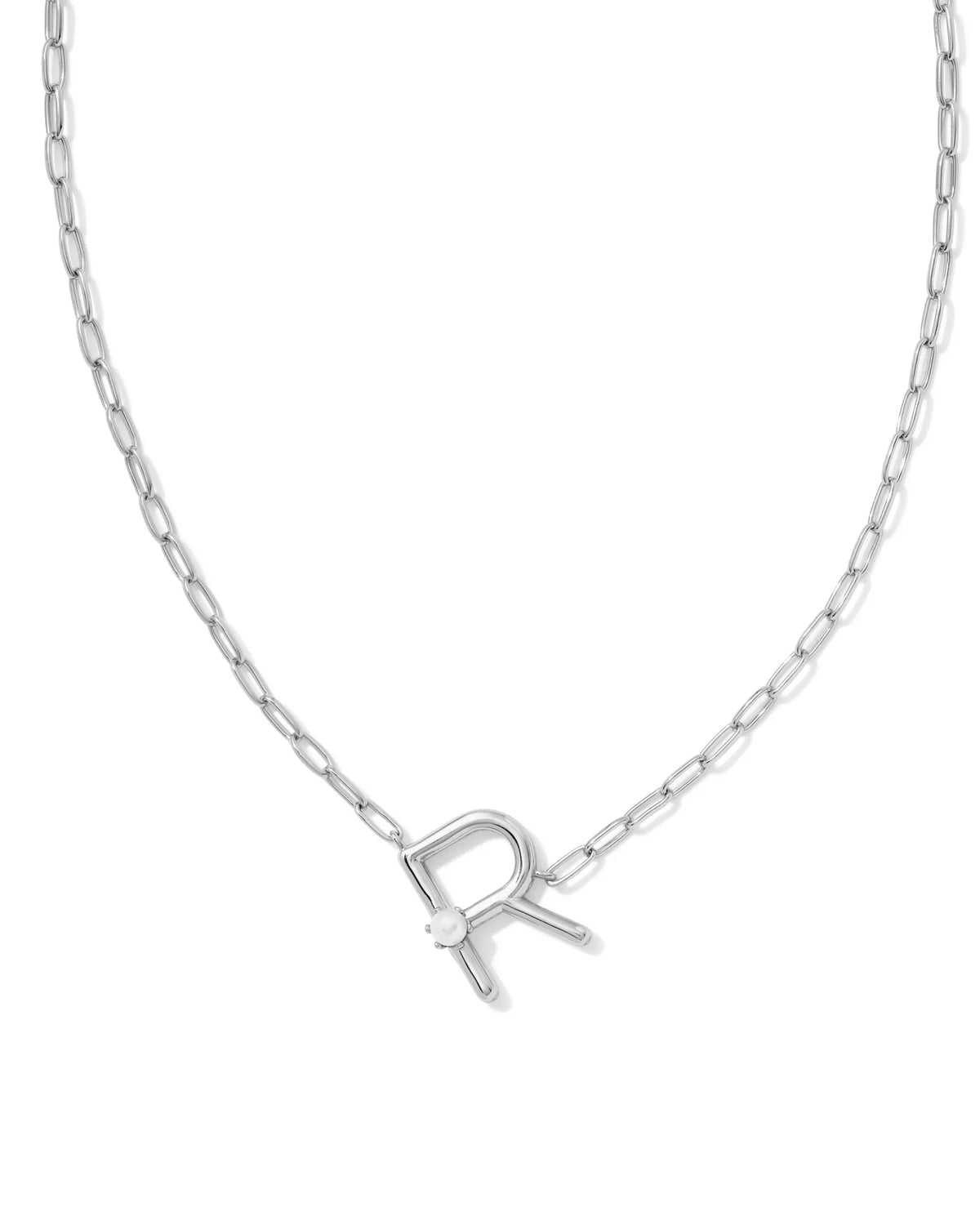 Kendra Scott Pearl Silver Letter Short Pendant Necklace in White Pearl