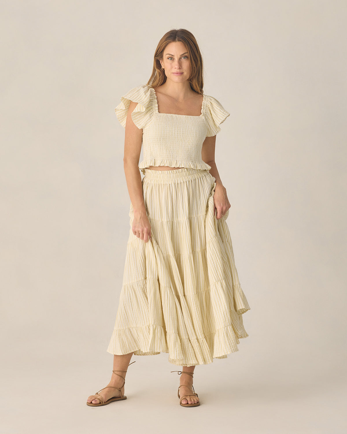 Rylee & Cru RUFFLE TIERED MAXI SKIRT CITRON STRIPE