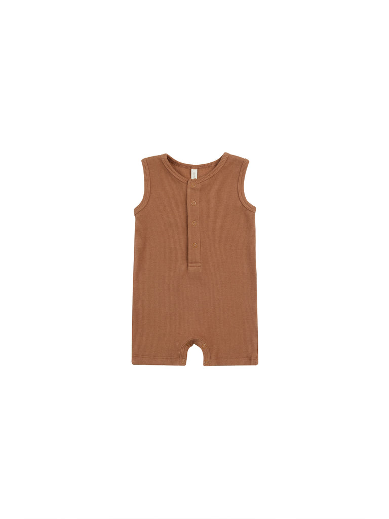 Quincy Mae RIBBED HENLEY ROMPER || CLAY