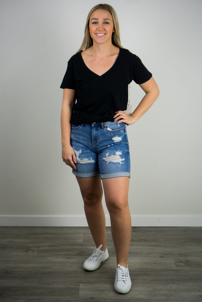 Judy Blue High Waisted Mid Length Destroyed Shorts
