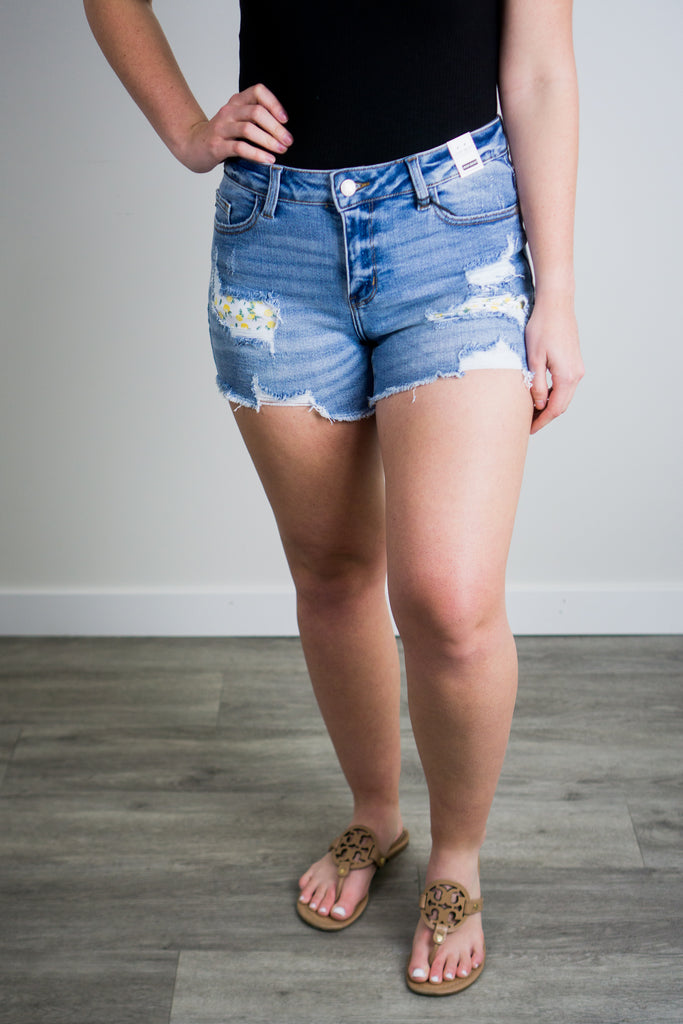 Judy Blue Mid-Rise Lemon Patch Destroyed Shorts