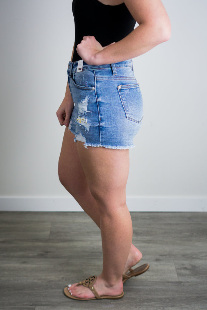 Judy Blue Mid-Rise Lemon Patch Destroyed Shorts