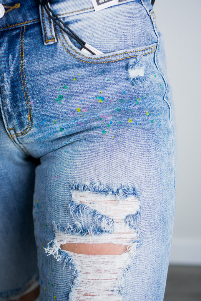 Judy Blue Mid-Rise Boyfriend Multi Color Paint Splash Destroyed