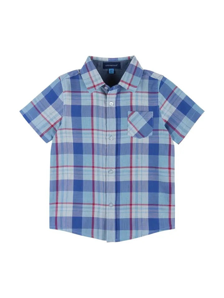 Boys Short Sleeve Blue + Red Plaid