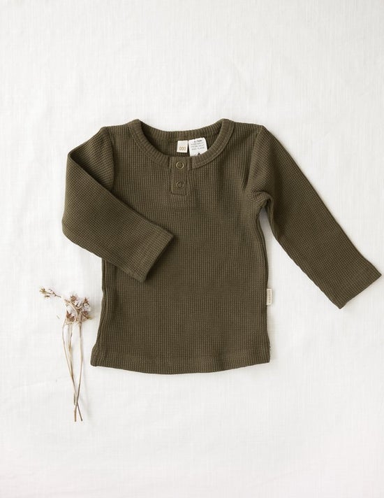 Willow Long Sleeve Waffle Cotton Unisex Top - Olive